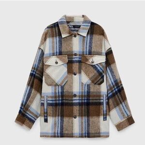 Zara Size S Wool Blend Plaid Oversized Shacket/Overshirt Blue/Brown Jacket Warm